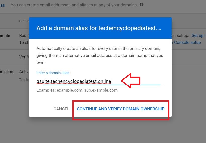 Create a sub-domain 6 GSUITE domain alias add veriy