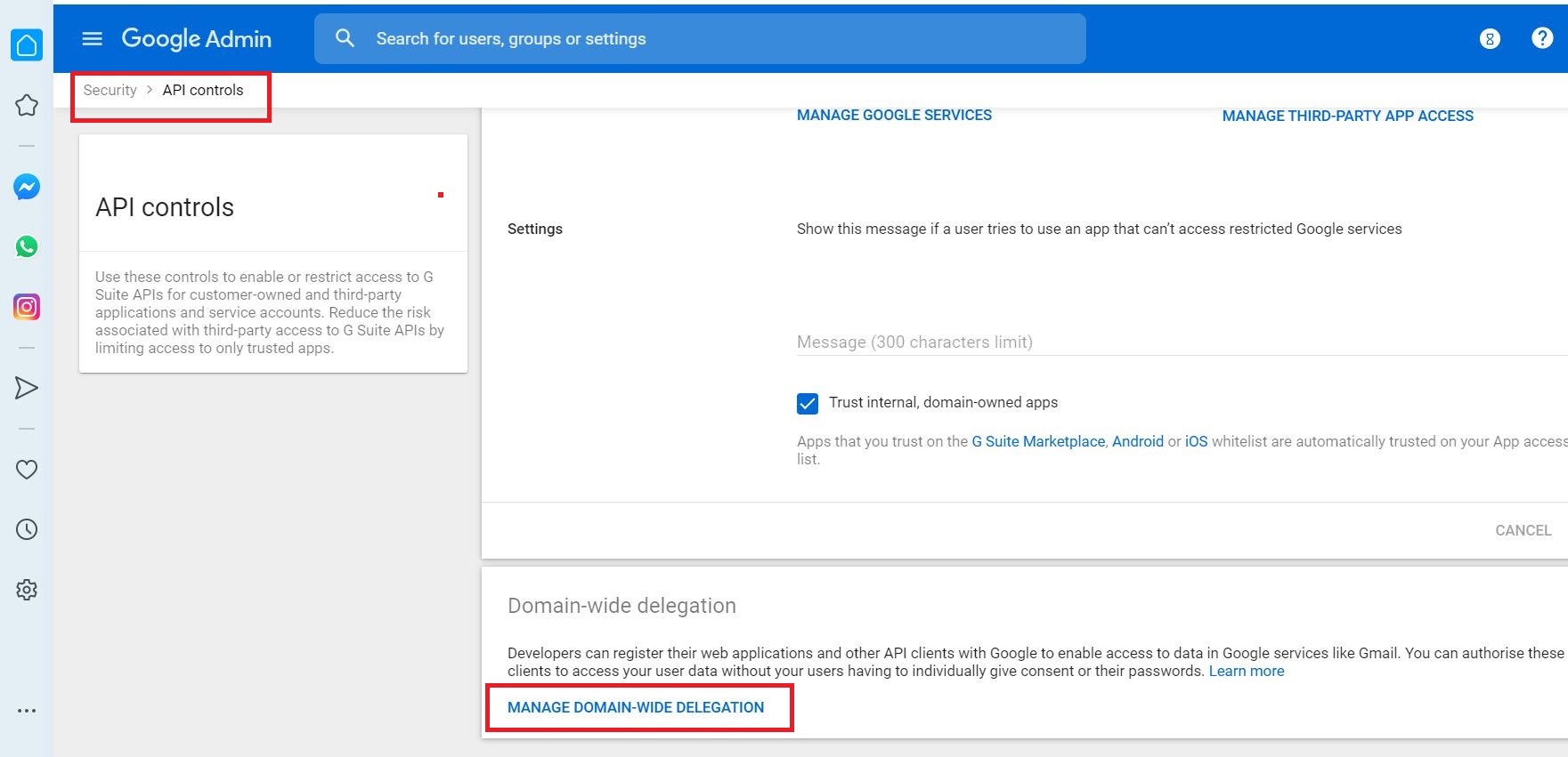 Grant access to service account 3 - manage domain wide delegations